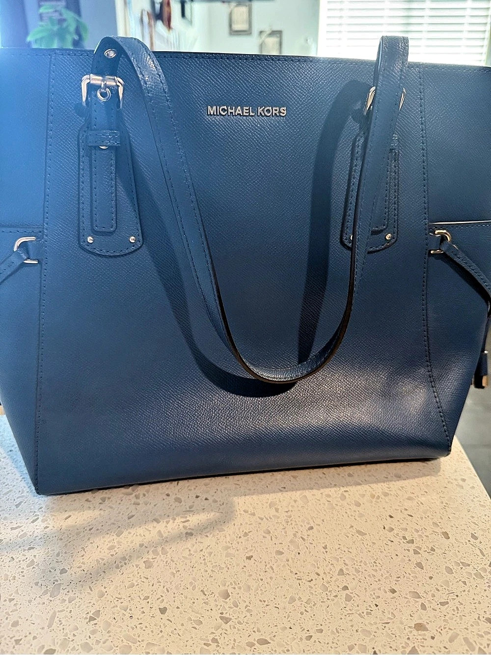 Michael Kors Voyager Blue Crossgrain Leather Tote Shoulder Bag